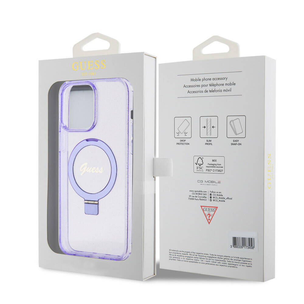 iPhone 15 Pro Max Kılıf Guess Orijinal Lisanslı M-safe Şarj Özellikli Simli Arka Yüzey Ring Standlı Kılıf