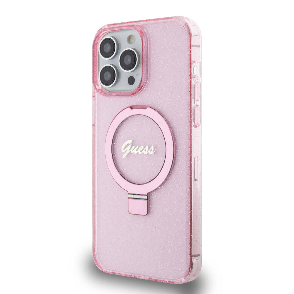 iPhone 15 Pro Max Kılıf Guess Orijinal Lisanslı M-safe Şarj Özellikli Simli Arka Yüzey Ring Standlı Kılıf