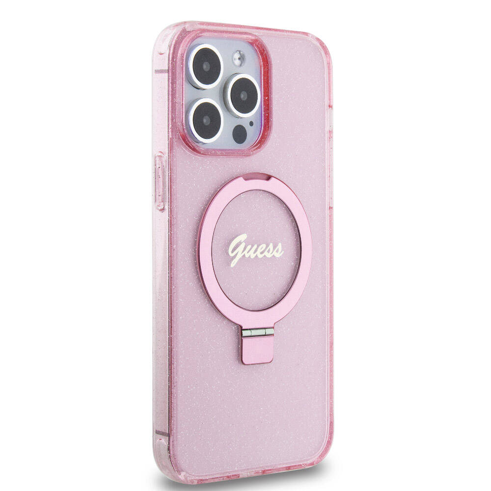 iPhone 15 Pro Max Kılıf Guess Orijinal Lisanslı M-safe Şarj Özellikli Simli Arka Yüzey Ring Standlı Kılıf