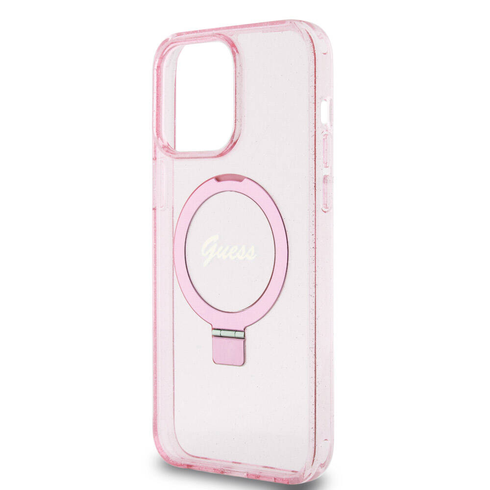 iPhone 15 Pro Max Kılıf Guess Orijinal Lisanslı M-safe Şarj Özellikli Simli Arka Yüzey Ring Standlı Kılıf