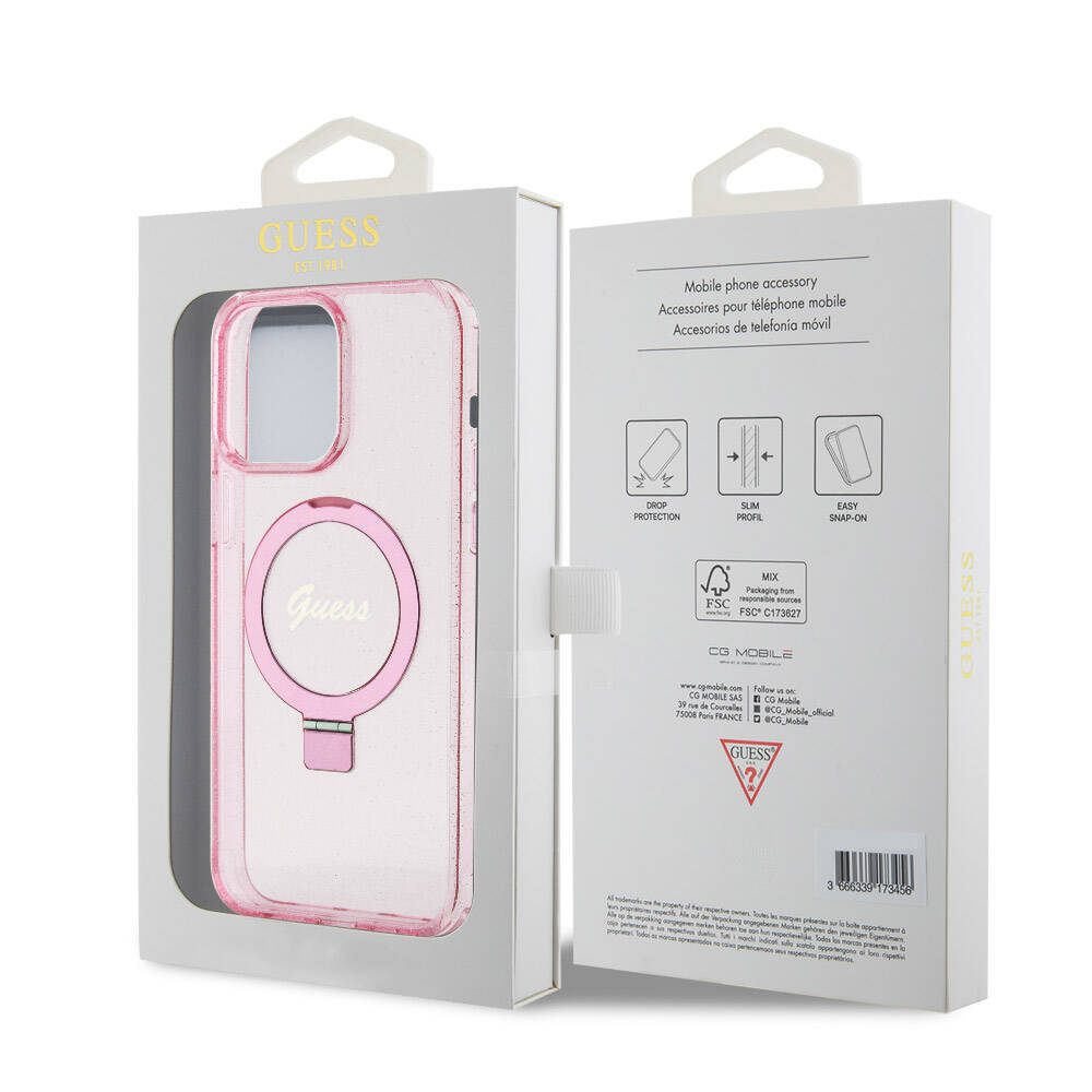 iPhone 15 Pro Max Kılıf Guess Orijinal Lisanslı M-safe Şarj Özellikli Simli Arka Yüzey Ring Standlı Kılıf