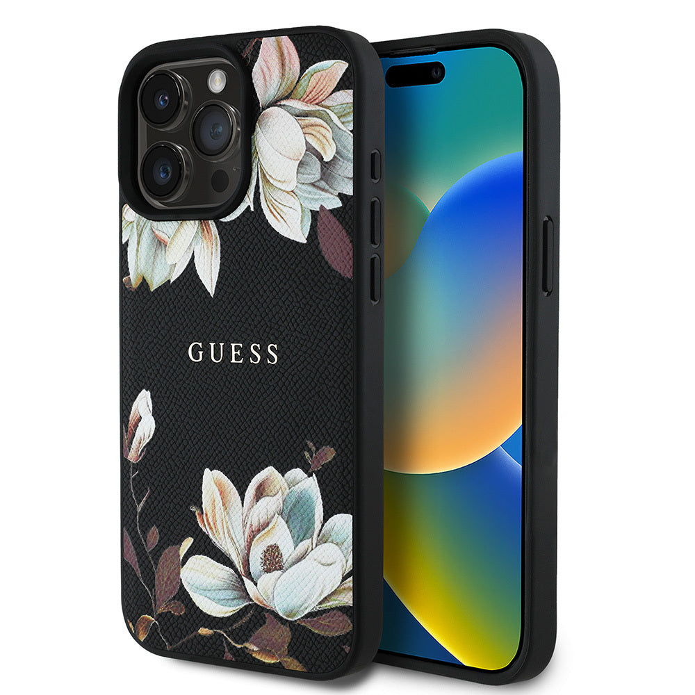 iPhone 15 Pro Max Kılıf Guess Orijinal Lisanslı M-safe Şarj Özellikli Taneli Çiçek Tasarımlı Metal Yazı Logolu Kılıf