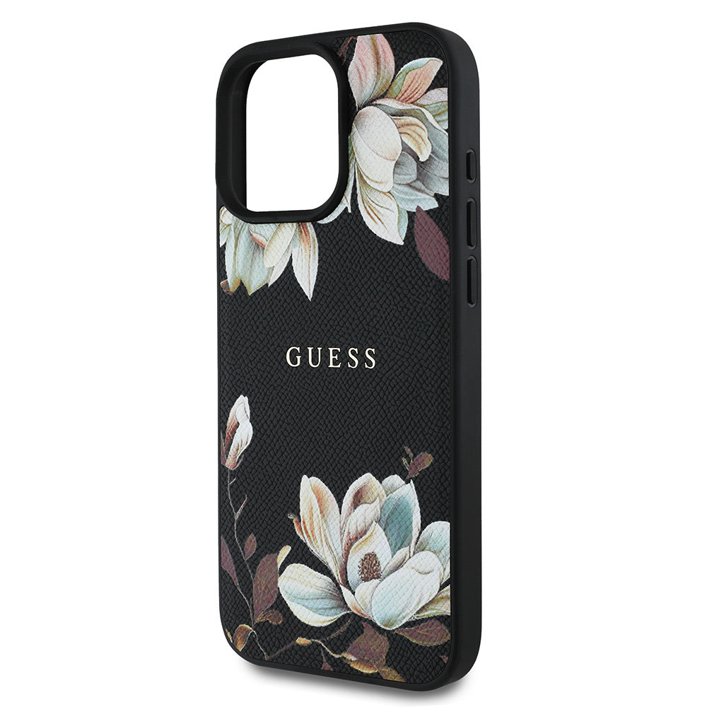 iPhone 15 Pro Max Kılıf Guess Orijinal Lisanslı M-safe Şarj Özellikli Taneli Çiçek Tasarımlı Metal Yazı Logolu Kılıf