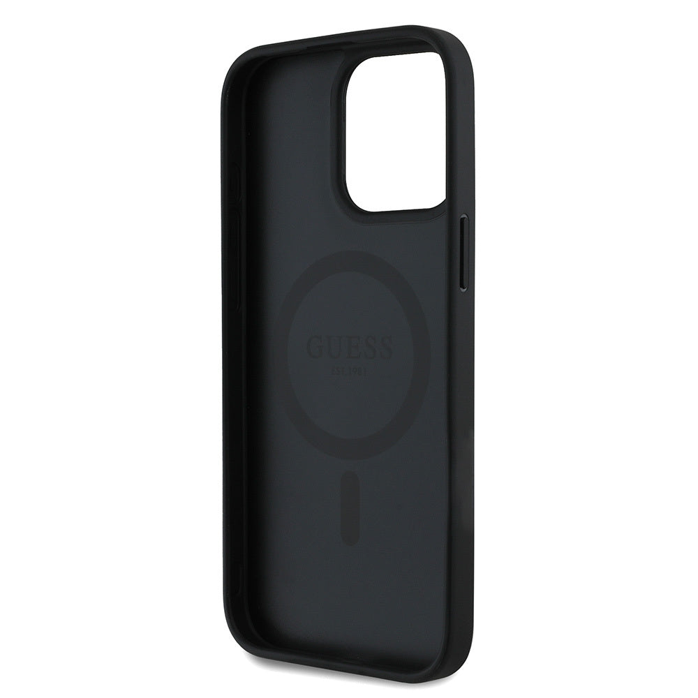 iPhone 15 Pro Max Kılıf Guess Orijinal Lisanslı M-safe Şarj Özellikli Taneli Çiçek Tasarımlı Metal Yazı Logolu Kılıf