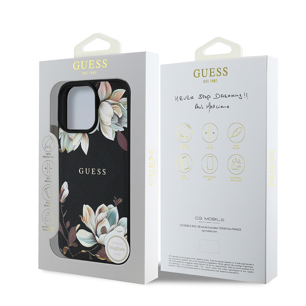 iPhone 15 Pro Max Kılıf Guess Orijinal Lisanslı M-safe Şarj Özellikli Taneli Çiçek Tasarımlı Metal Yazı Logolu Kılıf