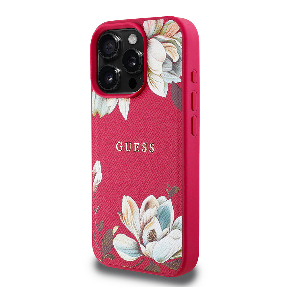 iPhone 15 Pro Max Kılıf Guess Orijinal Lisanslı M-safe Şarj Özellikli Taneli Çiçek Tasarımlı Metal Yazı Logolu Kılıf