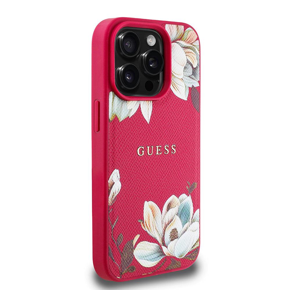 iPhone 15 Pro Max Kılıf Guess Orijinal Lisanslı M-safe Şarj Özellikli Taneli Çiçek Tasarımlı Metal Yazı Logolu Kılıf