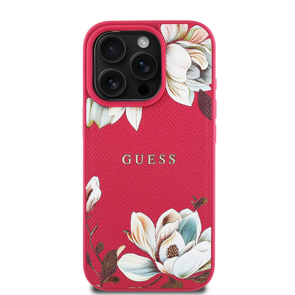 iPhone 15 Pro Max Kılıf Guess Orijinal Lisanslı M-safe Şarj Özellikli Taneli Çiçek Tasarımlı Metal Yazı Logolu Kılıf