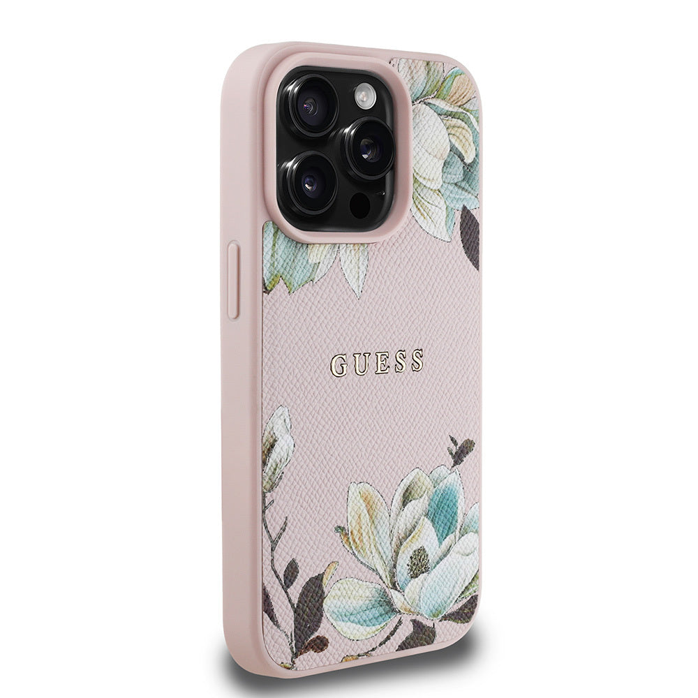 iPhone 15 Pro Max Kılıf Guess Orijinal Lisanslı M-safe Şarj Özellikli Taneli Çiçek Tasarımlı Metal Yazı Logolu Kılıf