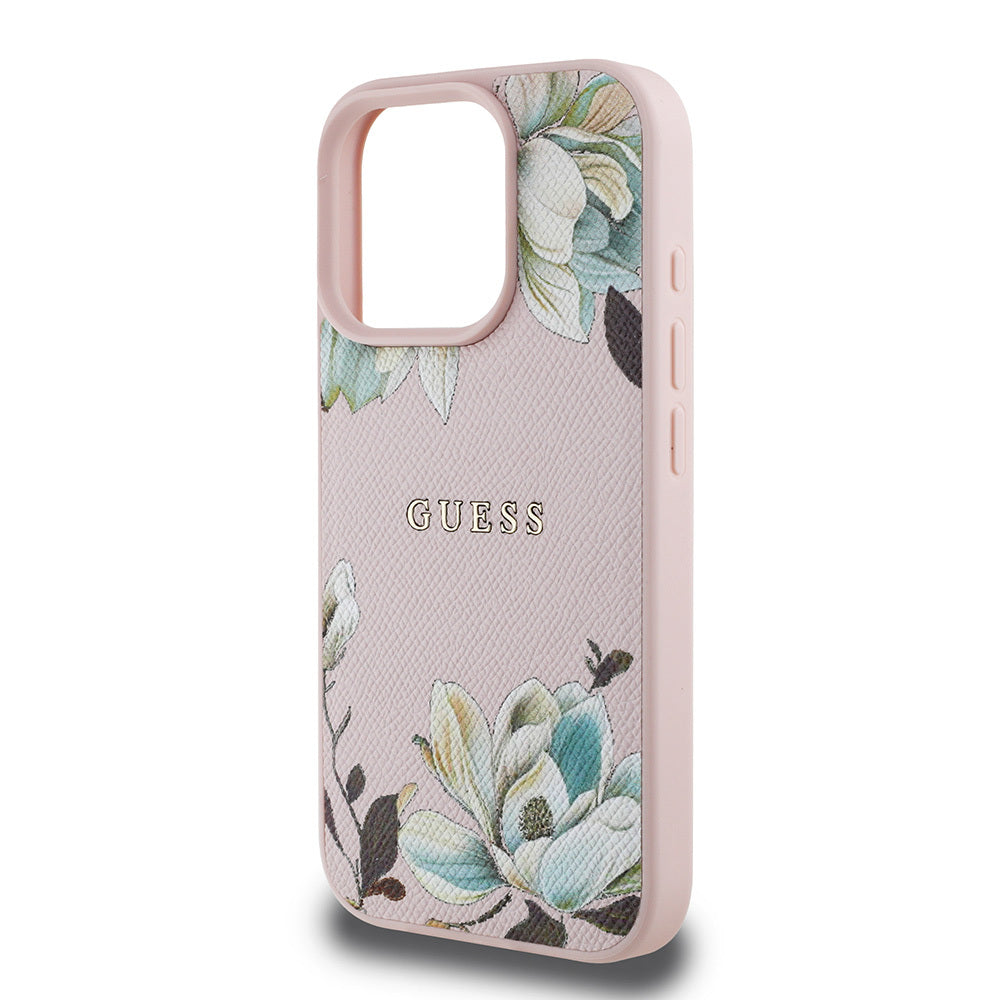 iPhone 15 Pro Max Kılıf Guess Orijinal Lisanslı M-safe Şarj Özellikli Taneli Çiçek Tasarımlı Metal Yazı Logolu Kılıf
