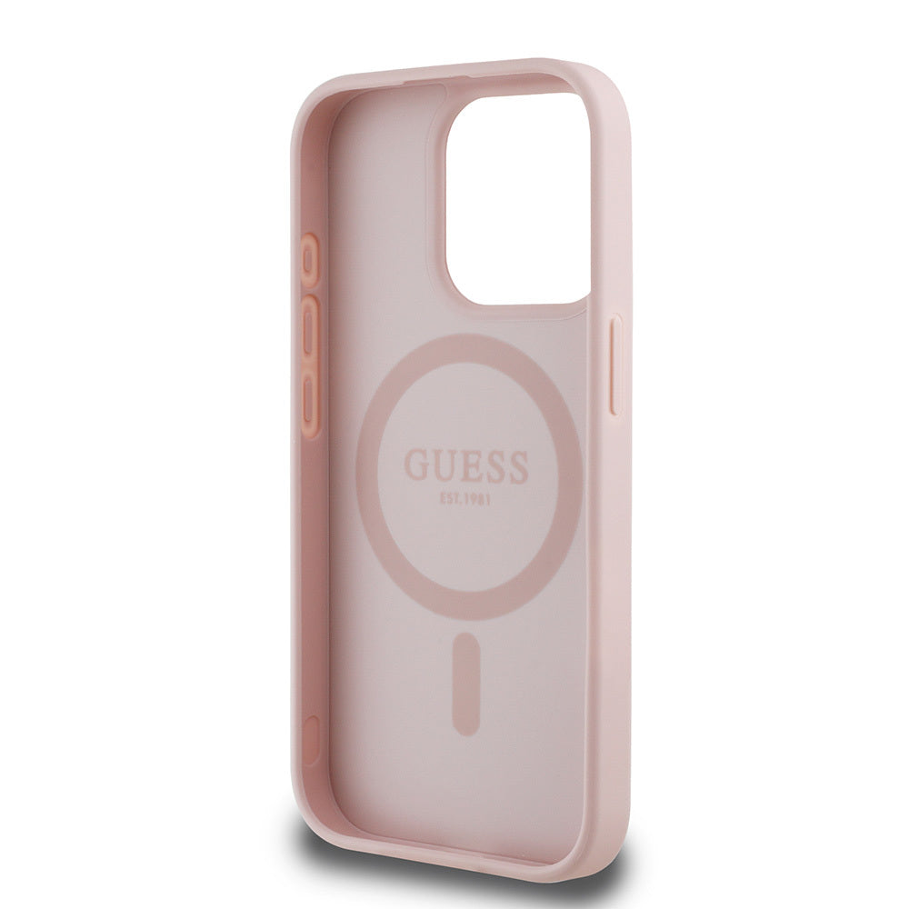 iPhone 15 Pro Max Kılıf Guess Orijinal Lisanslı M-safe Şarj Özellikli Taneli Çiçek Tasarımlı Metal Yazı Logolu Kılıf