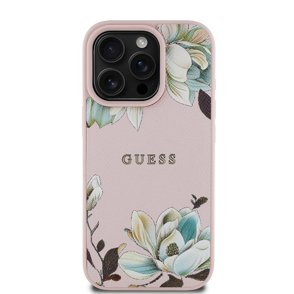 iPhone 15 Pro Max Kılıf Guess Orijinal Lisanslı M-safe Şarj Özellikli Taneli Çiçek Tasarımlı Metal Yazı Logolu Kılıf