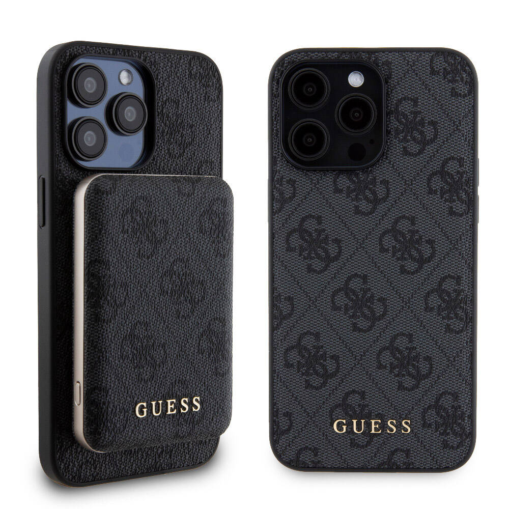 iPhone 15 Pro Max Kılıf Guess Orijinal Lisanslı M-safe Şarj Özellikli Yazı Logolu 4G Desenli Kılıf + Powerbank 5000mAh 2in1 Set