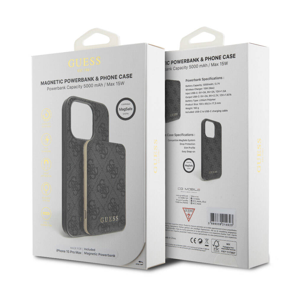 iPhone 15 Pro Max Kılıf Guess Orijinal Lisanslı M-safe Şarj Özellikli Yazı Logolu 4G Desenli Kılıf + Powerbank 5000mAh 2in1 Set