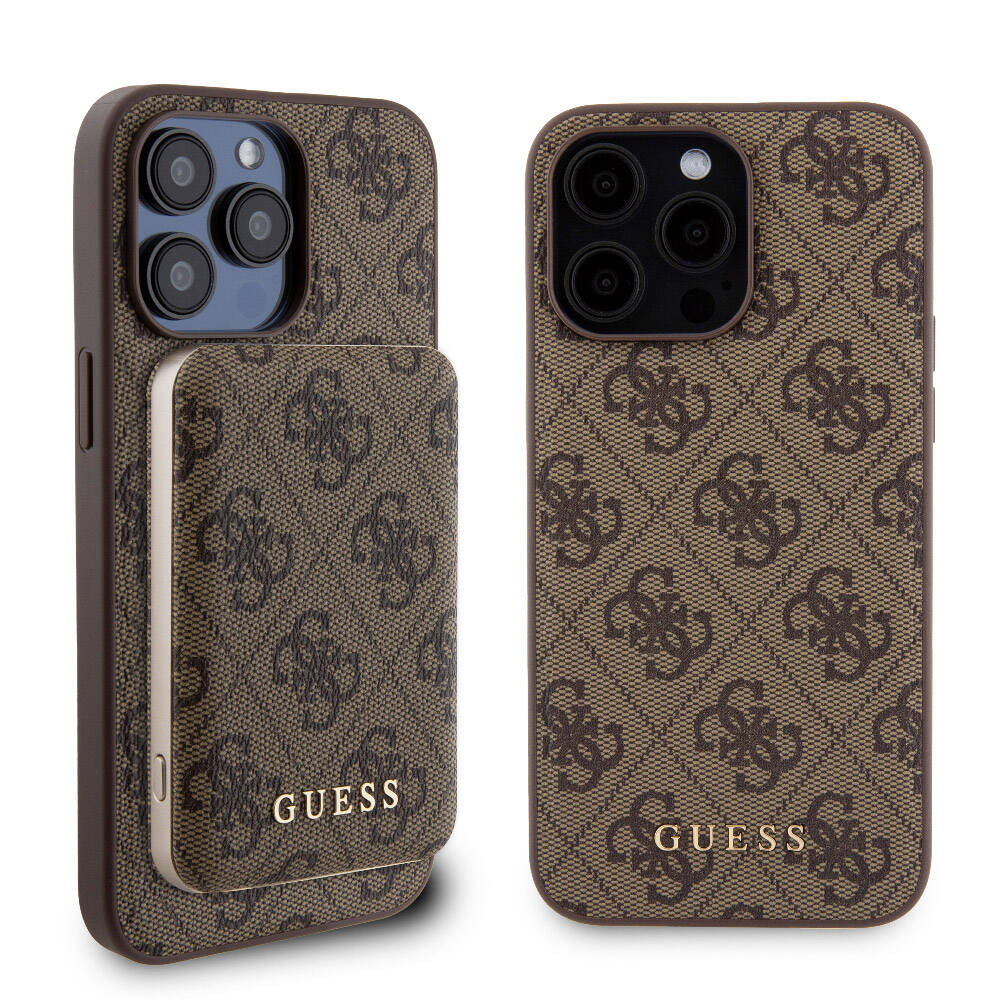 iPhone 15 Pro Max Kılıf Guess Orijinal Lisanslı M-safe Şarj Özellikli Yazı Logolu 4G Desenli Kılıf + Powerbank 5000mAh 2in1 Set