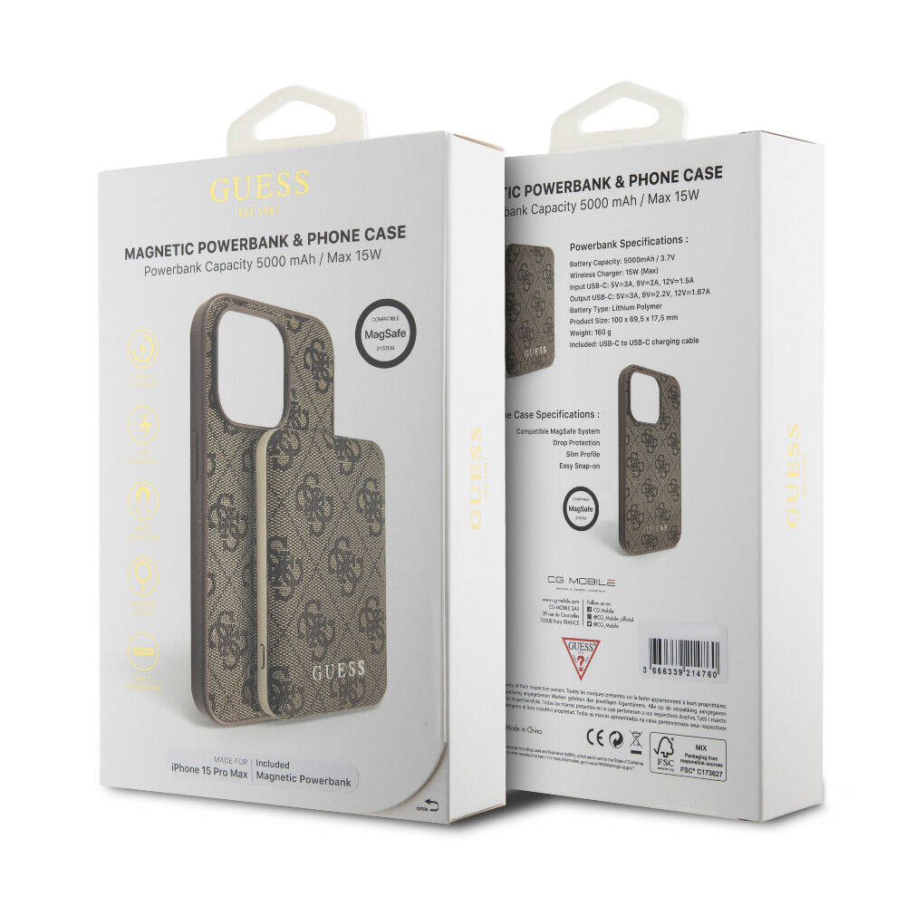 iPhone 15 Pro Max Kılıf Guess Orijinal Lisanslı M-safe Şarj Özellikli Yazı Logolu 4G Desenli Kılıf + Powerbank 5000mAh 2in1 Set