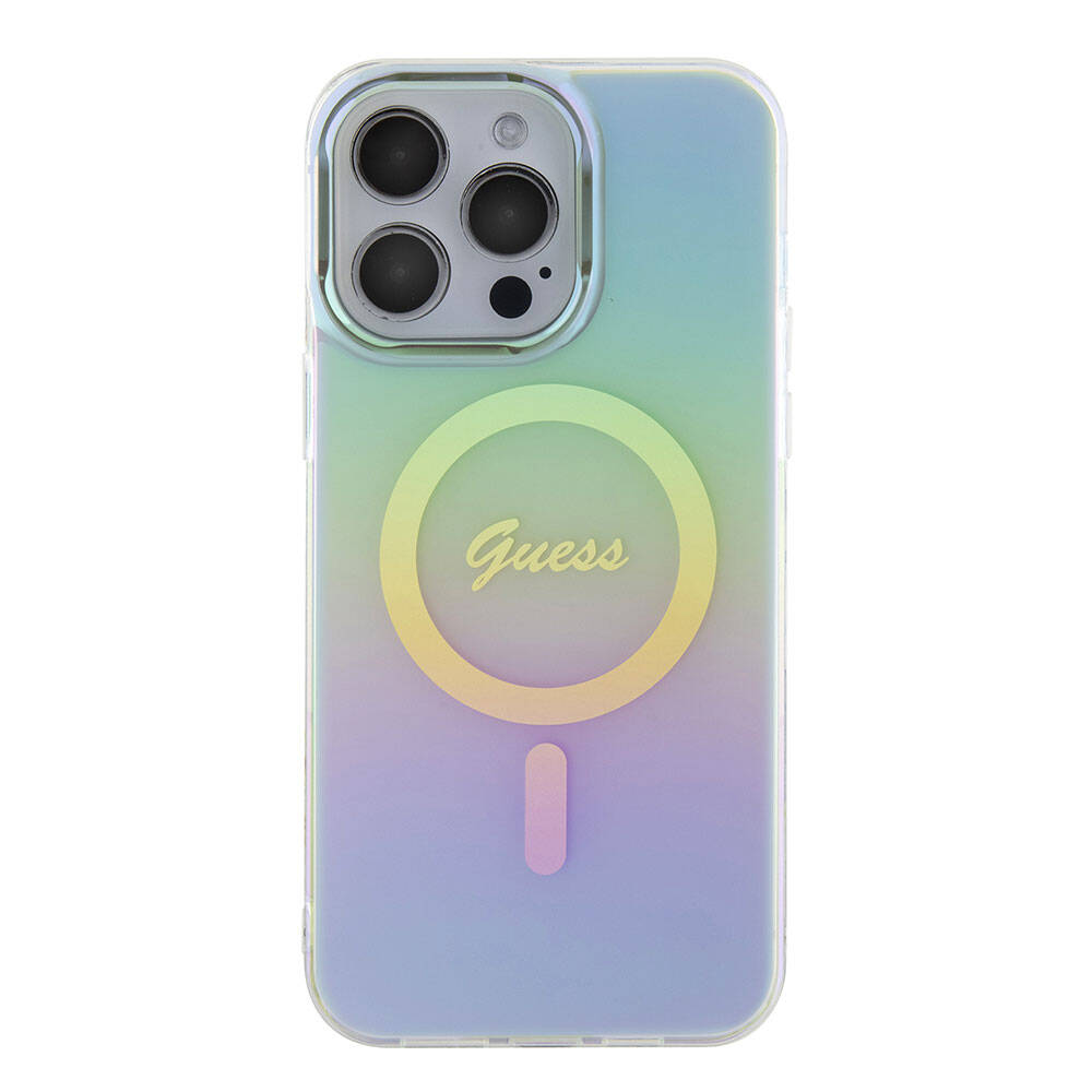 iPhone 15 Pro Max Kılıf Guess Orijinal Lisanslı M-safe Şarj Özellikli Yazı Logolu Iridescent Kılıf