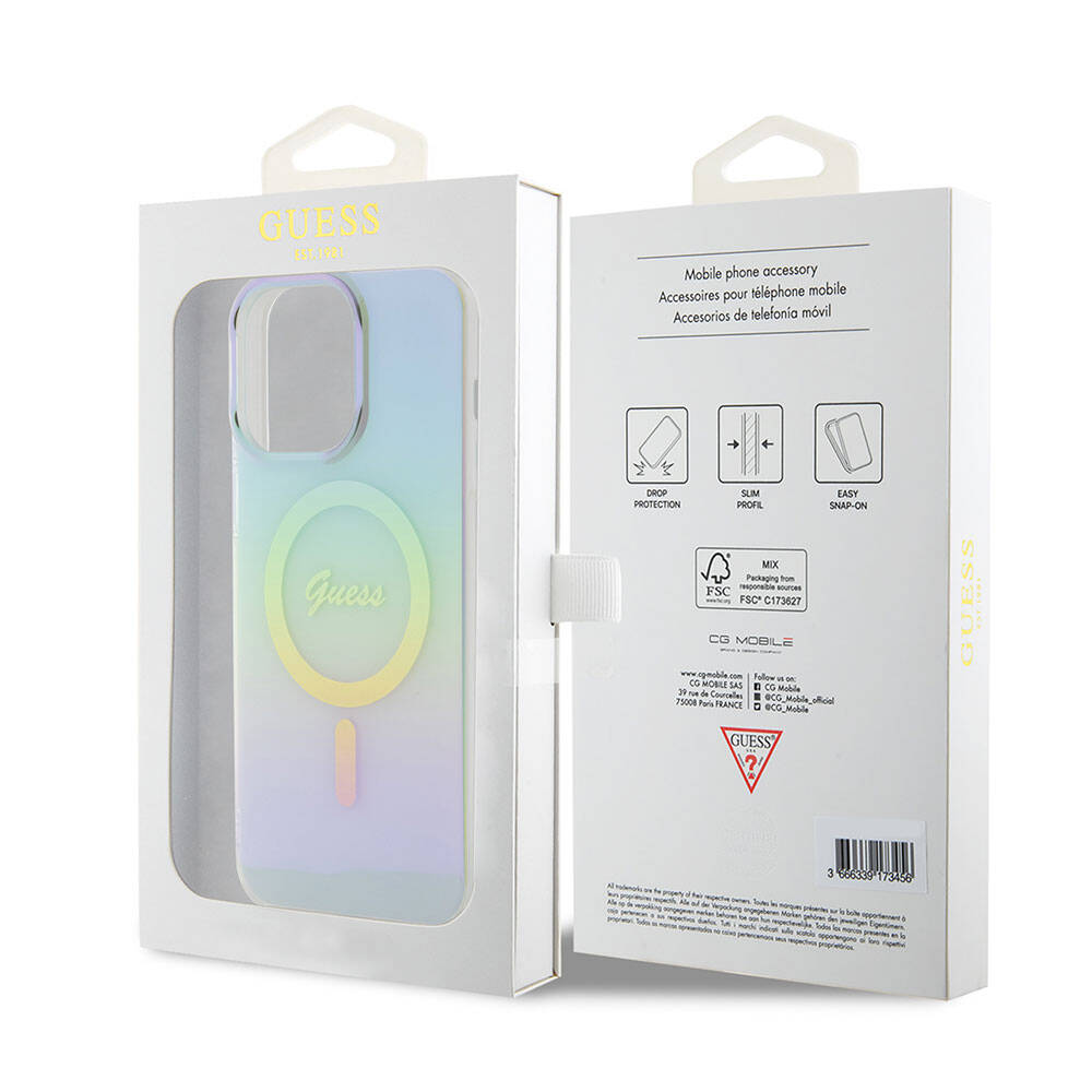 iPhone 15 Pro Max Kılıf Guess Orijinal Lisanslı M-safe Şarj Özellikli Yazı Logolu Iridescent Kılıf