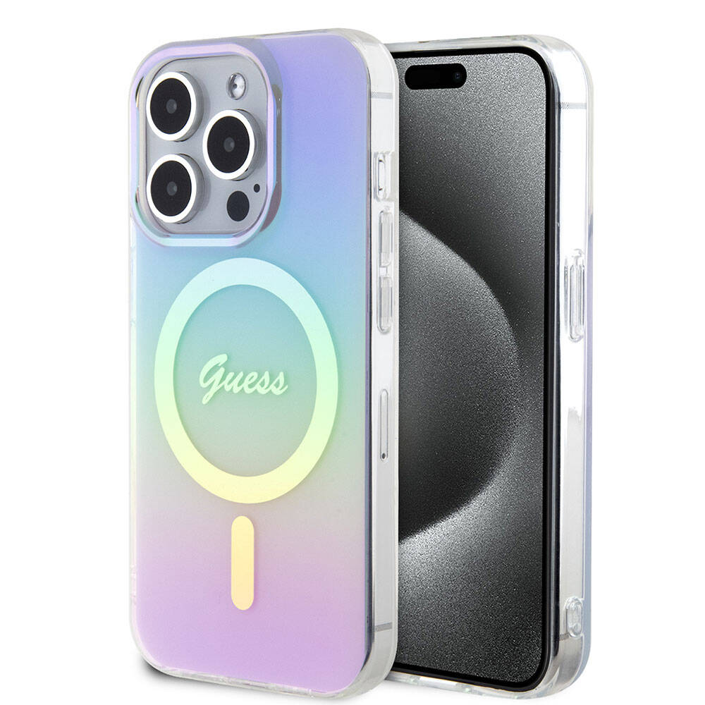 iPhone 15 Pro Max Kılıf Guess Orijinal Lisanslı M-safe Şarj Özellikli Yazı Logolu Iridescent Kılıf