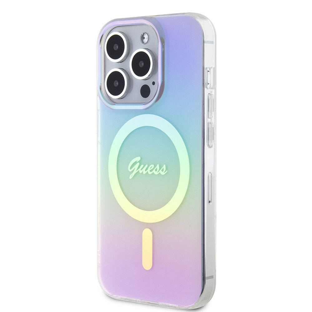 iPhone 15 Pro Max Kılıf Guess Orijinal Lisanslı M-safe Şarj Özellikli Yazı Logolu Iridescent Kılıf