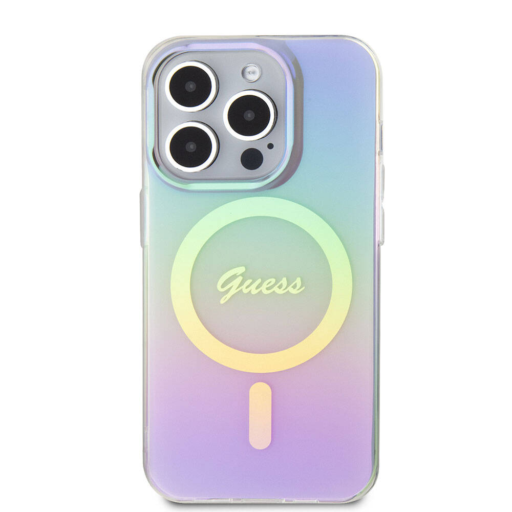 iPhone 15 Pro Max Kılıf Guess Orijinal Lisanslı M-safe Şarj Özellikli Yazı Logolu Iridescent Kılıf