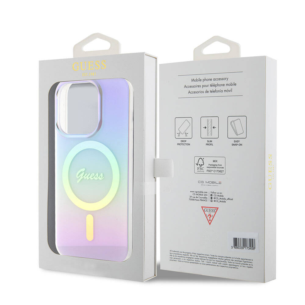 iPhone 15 Pro Max Kılıf Guess Orijinal Lisanslı M-safe Şarj Özellikli Yazı Logolu Iridescent Kılıf