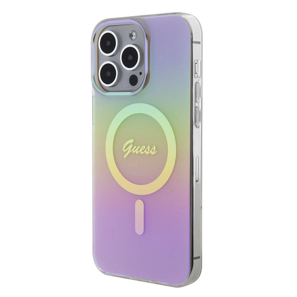 iPhone 15 Pro Max Kılıf Guess Orijinal Lisanslı M-safe Şarj Özellikli Yazı Logolu Iridescent Kılıf