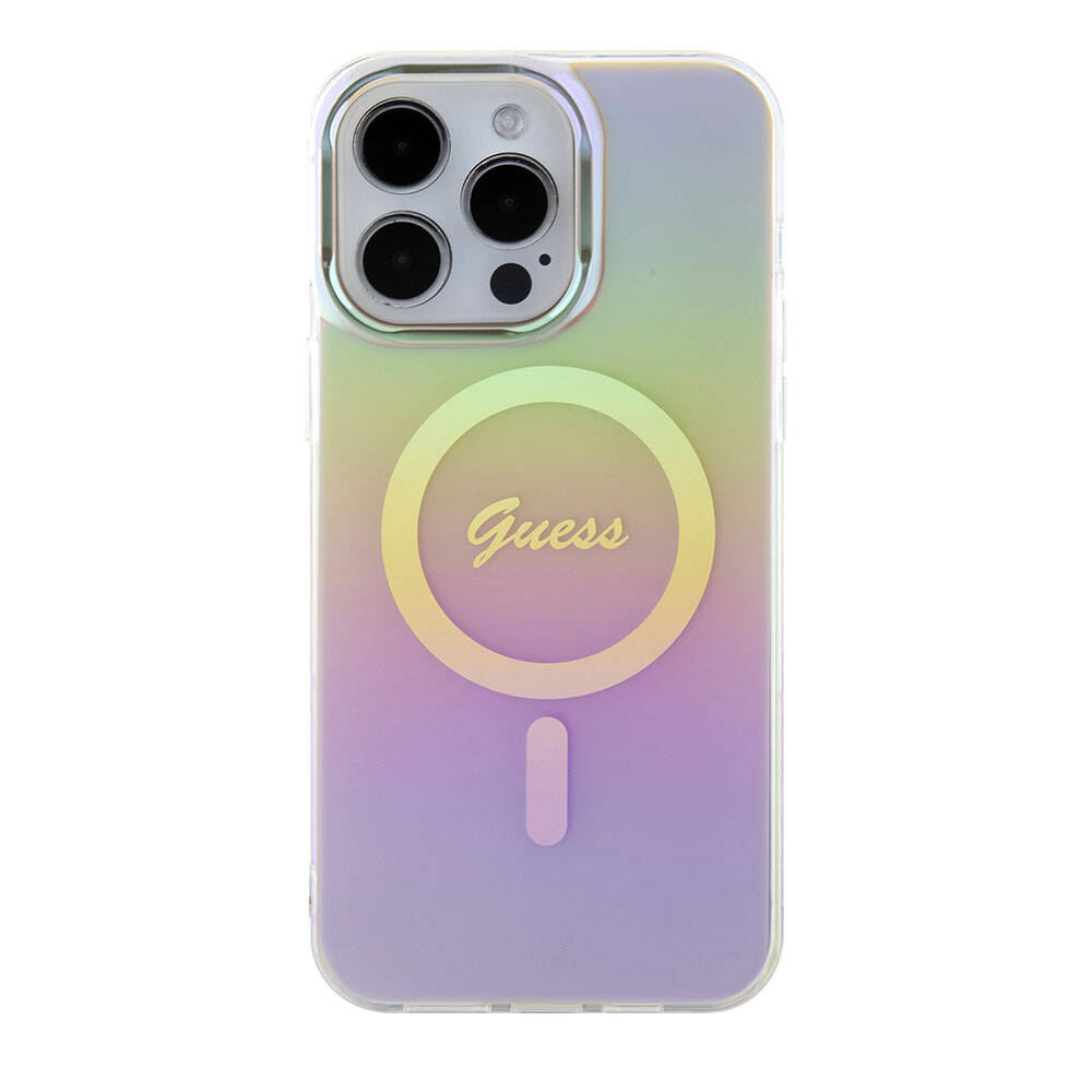 iPhone 15 Pro Max Kılıf Guess Orijinal Lisanslı M-safe Şarj Özellikli Yazı Logolu Iridescent Kılıf