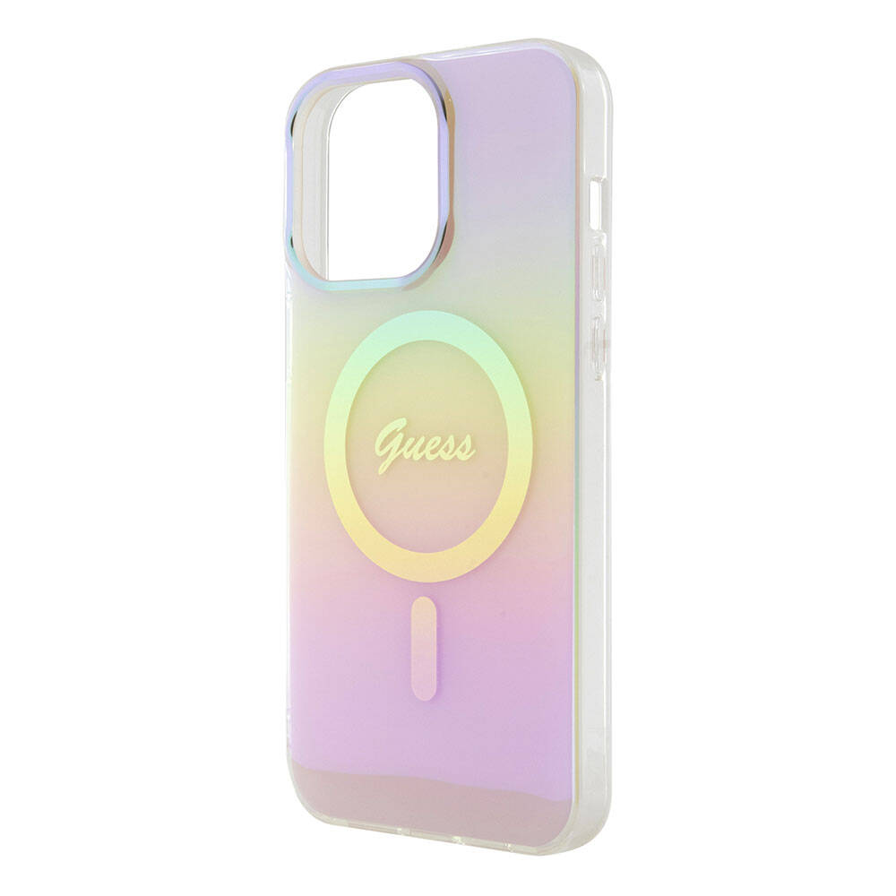 iPhone 15 Pro Max Kılıf Guess Orijinal Lisanslı M-safe Şarj Özellikli Yazı Logolu Iridescent Kılıf