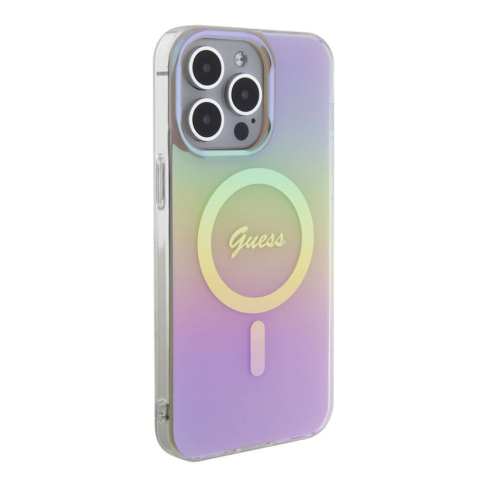 iPhone 15 Pro Max Kılıf Guess Orijinal Lisanslı M-safe Şarj Özellikli Yazı Logolu Iridescent Kılıf