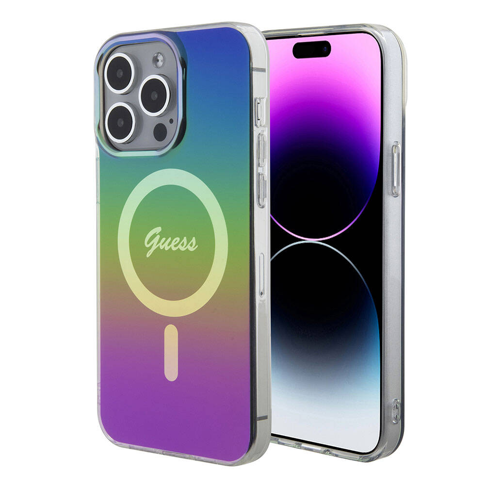 iPhone 15 Pro Max Kılıf Guess Orijinal Lisanslı M-safe Şarj Özellikli Yazı Logolu Iridescent Kılıf