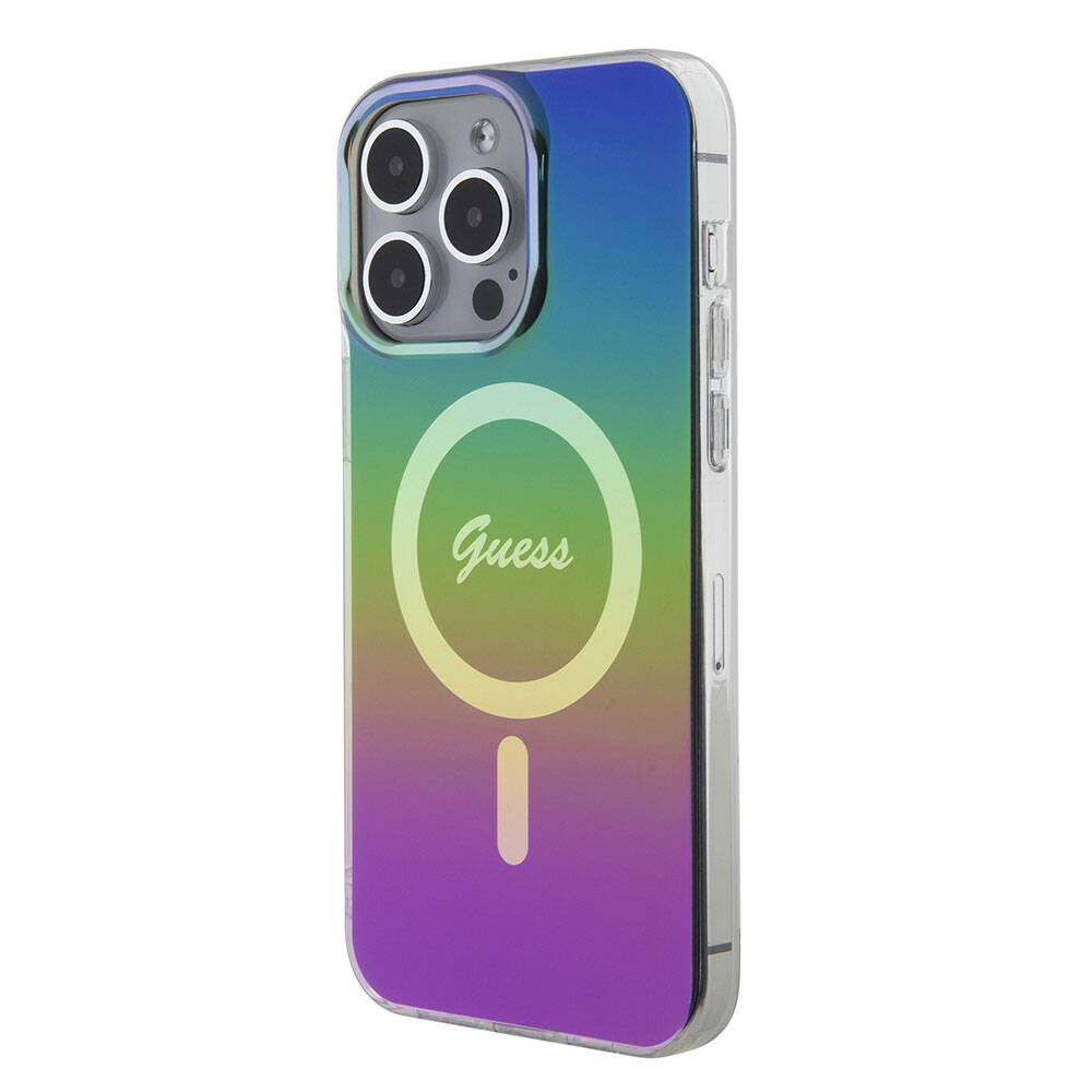 iPhone 15 Pro Max Kılıf Guess Orijinal Lisanslı M-safe Şarj Özellikli Yazı Logolu Iridescent Kılıf