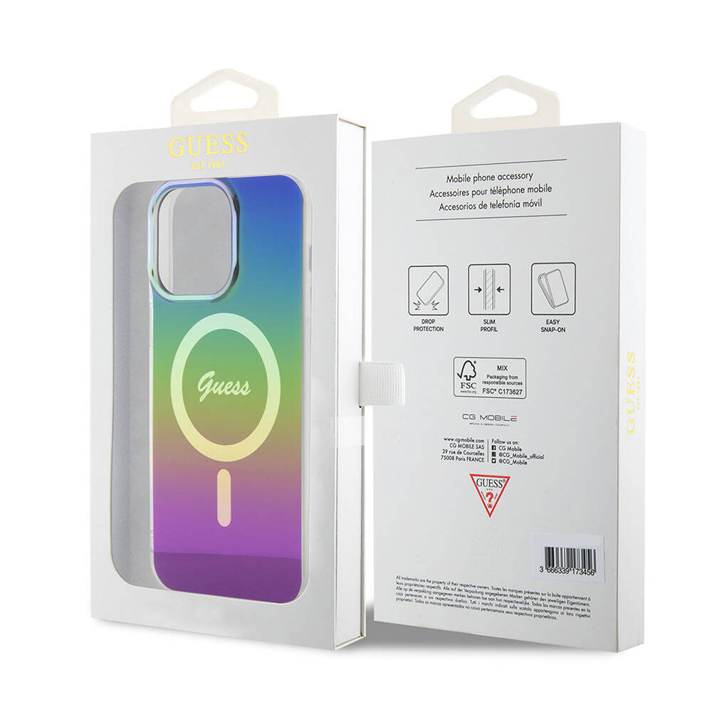 iPhone 15 Pro Max Kılıf Guess Orijinal Lisanslı M-safe Şarj Özellikli Yazı Logolu Iridescent Kılıf