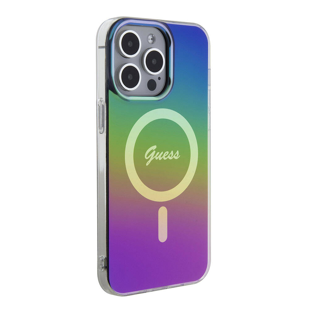 iPhone 15 Pro Max Kılıf Guess Orijinal Lisanslı M-safe Şarj Özellikli Yazı Logolu Iridescent Kılıf