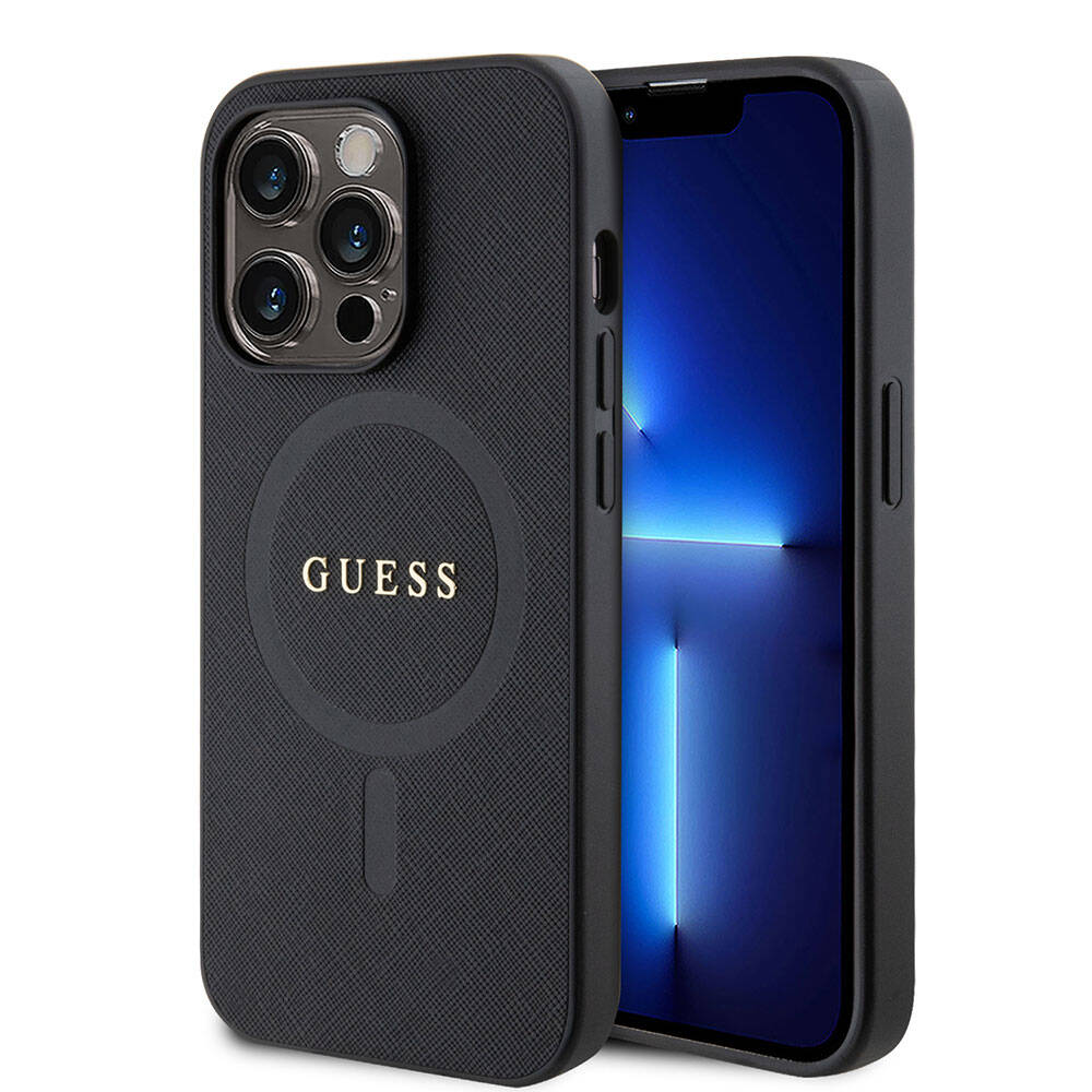 iPhone 15 Pro Max Kılıf Guess Orijinal Lisanslı M-safe Şarj Özellikli Yazı Logolu Saffiano Kılıf
