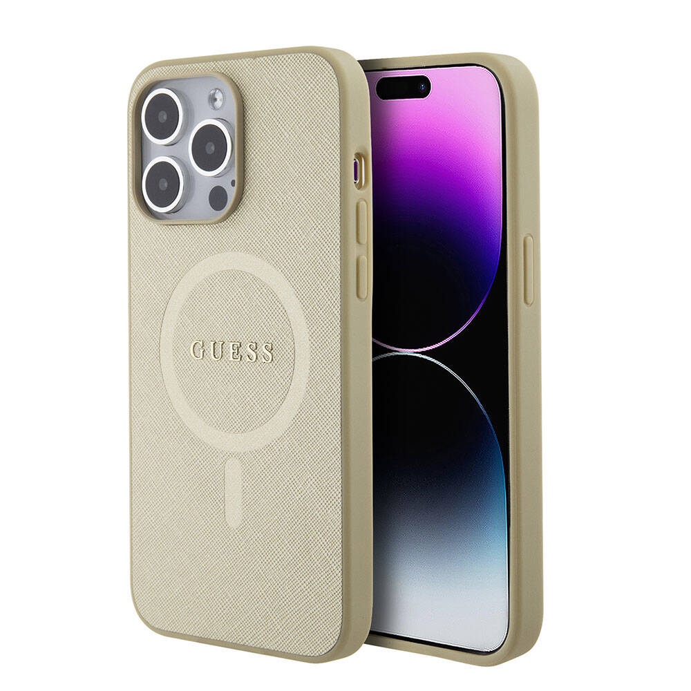 iPhone 15 Pro Max Kılıf Guess Orijinal Lisanslı M-safe Şarj Özellikli Yazı Logolu Saffiano Kılıf