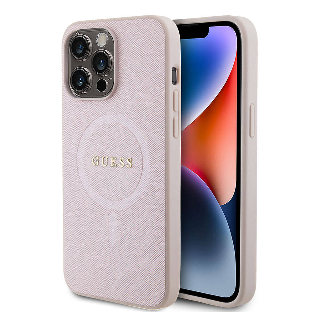 iPhone 15 Pro Max Kılıf Guess Orijinal Lisanslı M-safe Şarj Özellikli Yazı Logolu Saffiano Kılıf