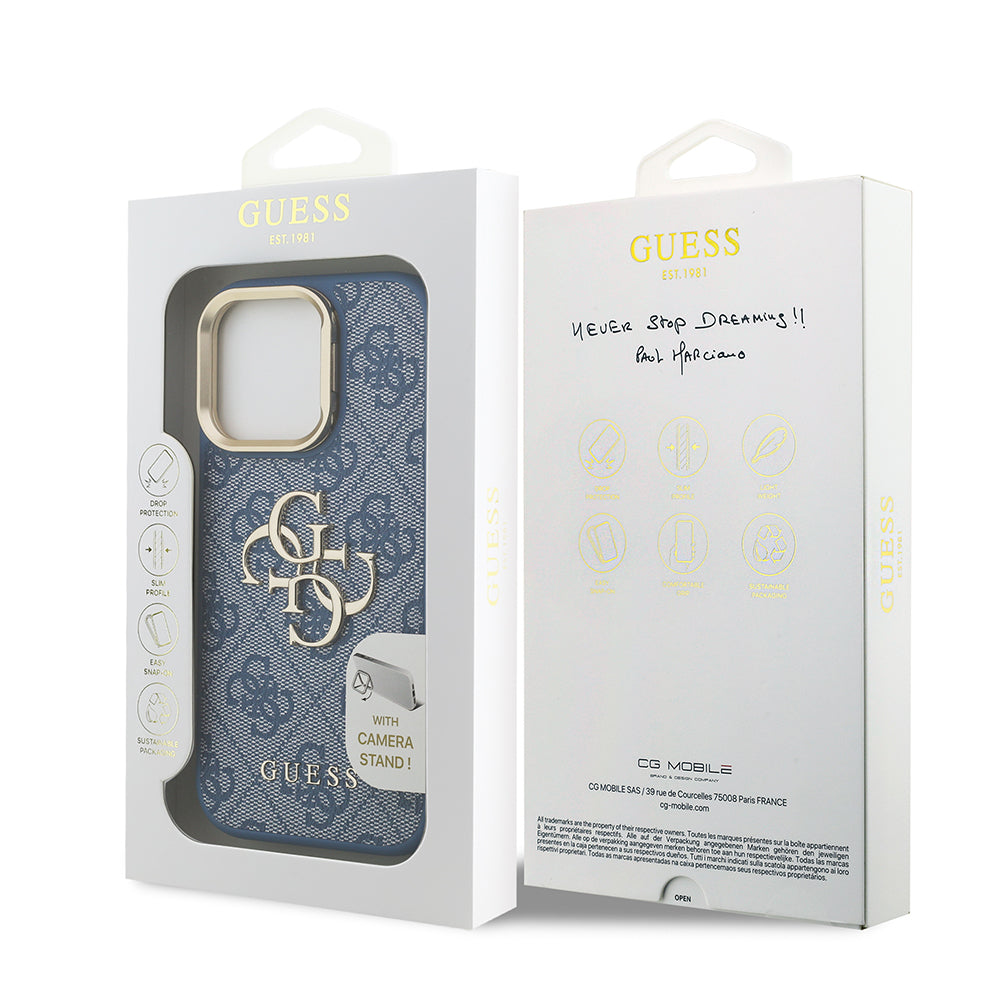 iPhone 15 Pro Max Kılıf Guess Orijinal Lisanslı PU Deri 4G Desenli Metal Büyük 4G ve Yazı Logolu Kamera Standlı Kılıf