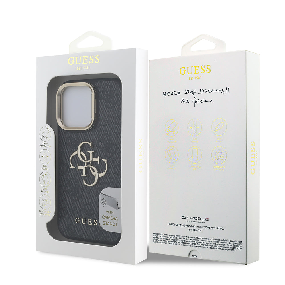 iPhone 15 Pro Max Kılıf Guess Orijinal Lisanslı PU Deri 4G Desenli Metal Büyük 4G ve Yazı Logolu Kamera Standlı Kılıf