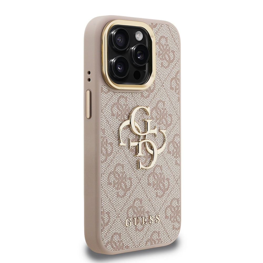 iPhone 15 Pro Max Kılıf Guess Orijinal Lisanslı PU Deri 4G Desenli Metal Büyük 4G ve Yazı Logolu Kamera Standlı Kılıf
