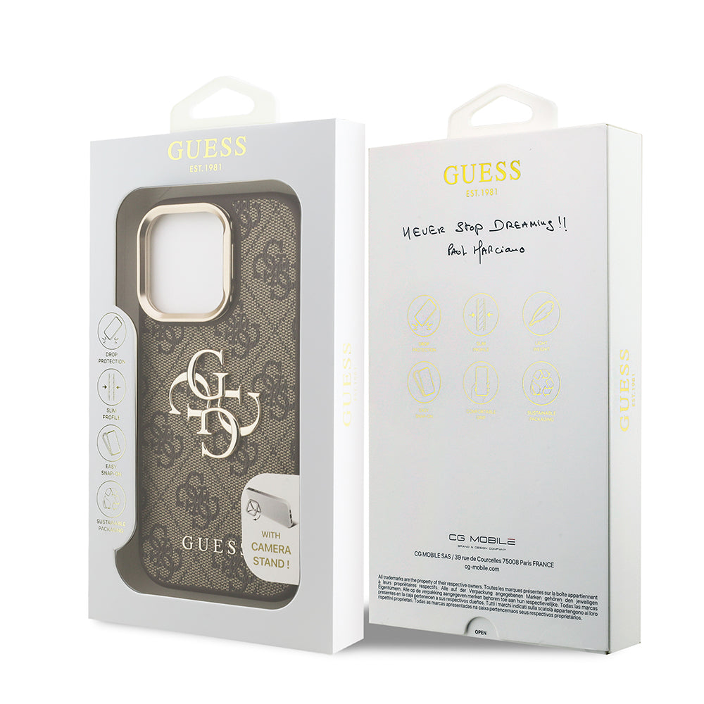 iPhone 15 Pro Max Kılıf Guess Orijinal Lisanslı PU Deri 4G Desenli Metal Büyük 4G ve Yazı Logolu Kamera Standlı Kılıf