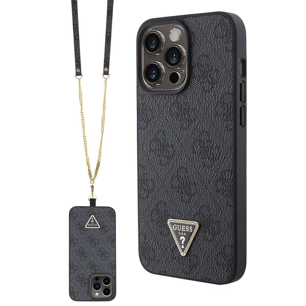 iPhone 15 Pro Max Kılıf Guess Orijinal Lisanslı PU Deri Askılı Taşlı Üçgen Logo 4G Desenli Strass Crossbody Kılıf