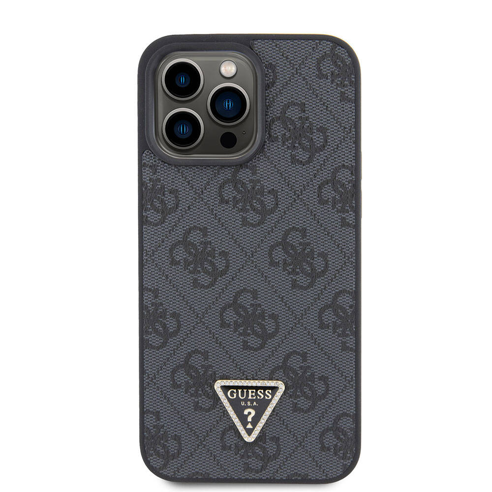 iPhone 15 Pro Max Kılıf Guess Orijinal Lisanslı PU Deri Askılı Taşlı Üçgen Logo 4G Desenli Strass Crossbody Kılıf