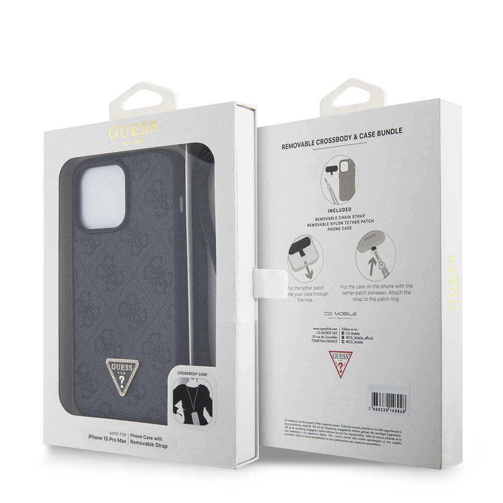 iPhone 15 Pro Max Kılıf Guess Orijinal Lisanslı PU Deri Askılı Taşlı Üçgen Logo 4G Desenli Strass Crossbody Kılıf