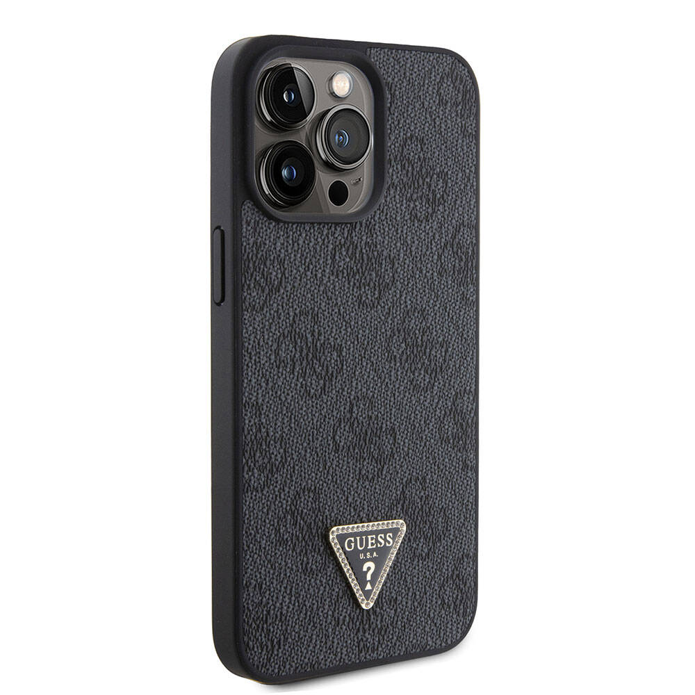 iPhone 15 Pro Max Kılıf Guess Orijinal Lisanslı PU Deri Askılı Taşlı Üçgen Logo 4G Desenli Strass Crossbody Kılıf
