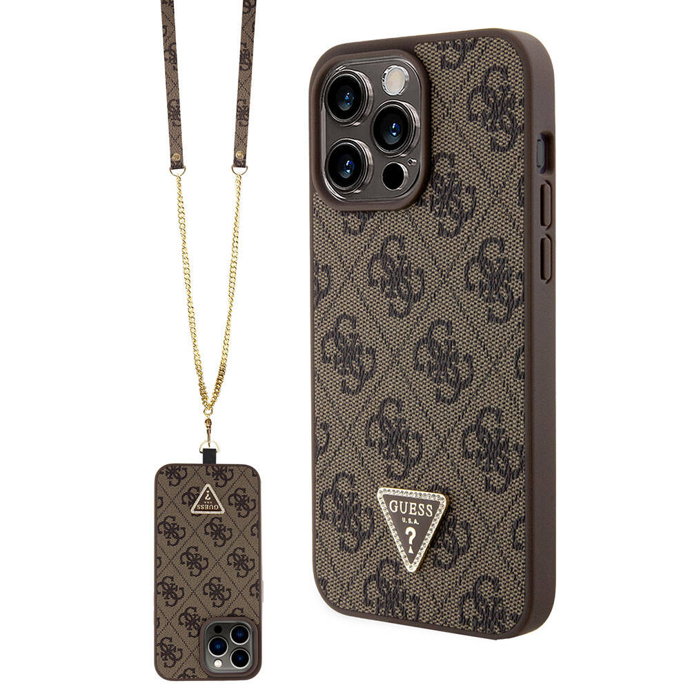 iPhone 15 Pro Max Kılıf Guess Orijinal Lisanslı PU Deri Askılı Taşlı Üçgen Logo 4G Desenli Strass Crossbody Kılıf