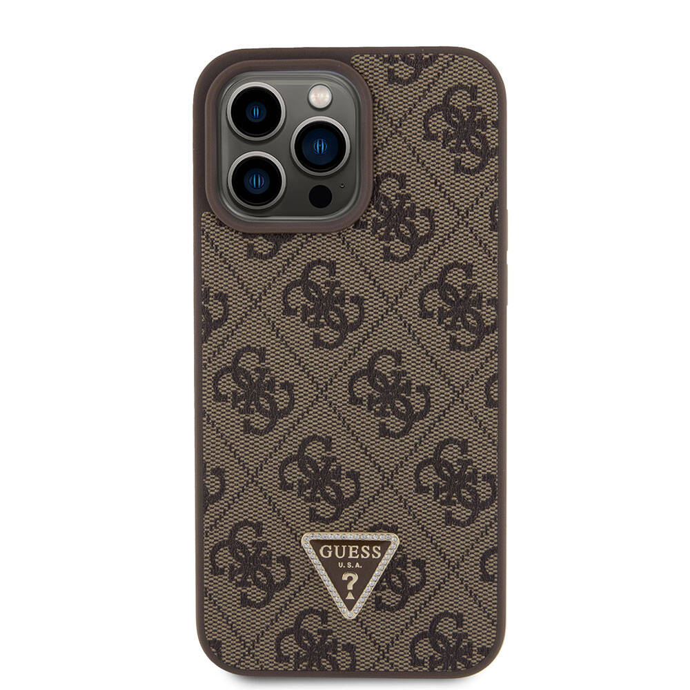 iPhone 15 Pro Max Kılıf Guess Orijinal Lisanslı PU Deri Askılı Taşlı Üçgen Logo 4G Desenli Strass Crossbody Kılıf