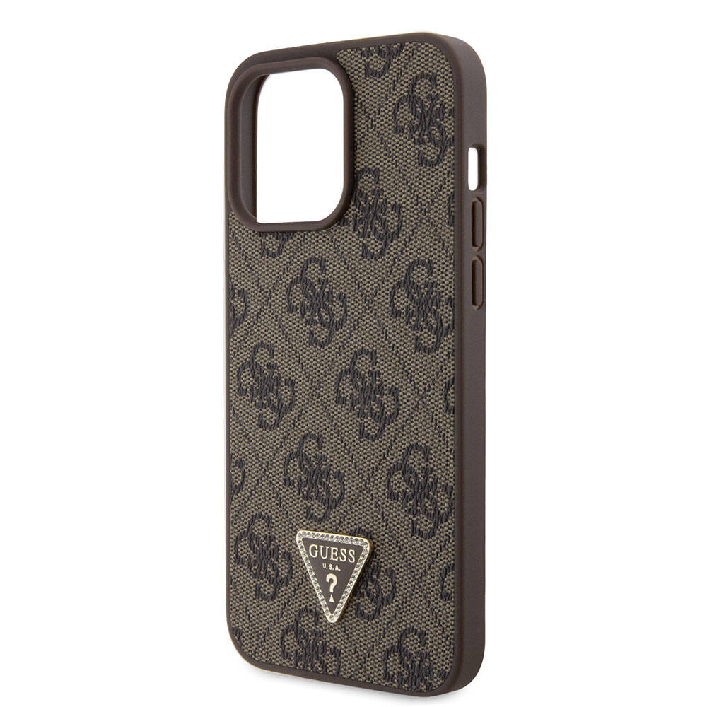iPhone 15 Pro Max Kılıf Guess Orijinal Lisanslı PU Deri Askılı Taşlı Üçgen Logo 4G Desenli Strass Crossbody Kılıf