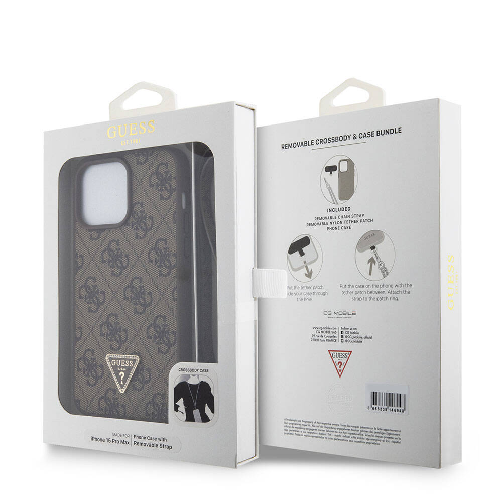 iPhone 15 Pro Max Kılıf Guess Orijinal Lisanslı PU Deri Askılı Taşlı Üçgen Logo 4G Desenli Strass Crossbody Kılıf