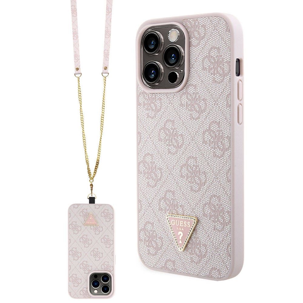 iPhone 15 Pro Max Kılıf Guess Orijinal Lisanslı PU Deri Askılı Taşlı Üçgen Logo 4G Desenli Strass Crossbody Kılıf